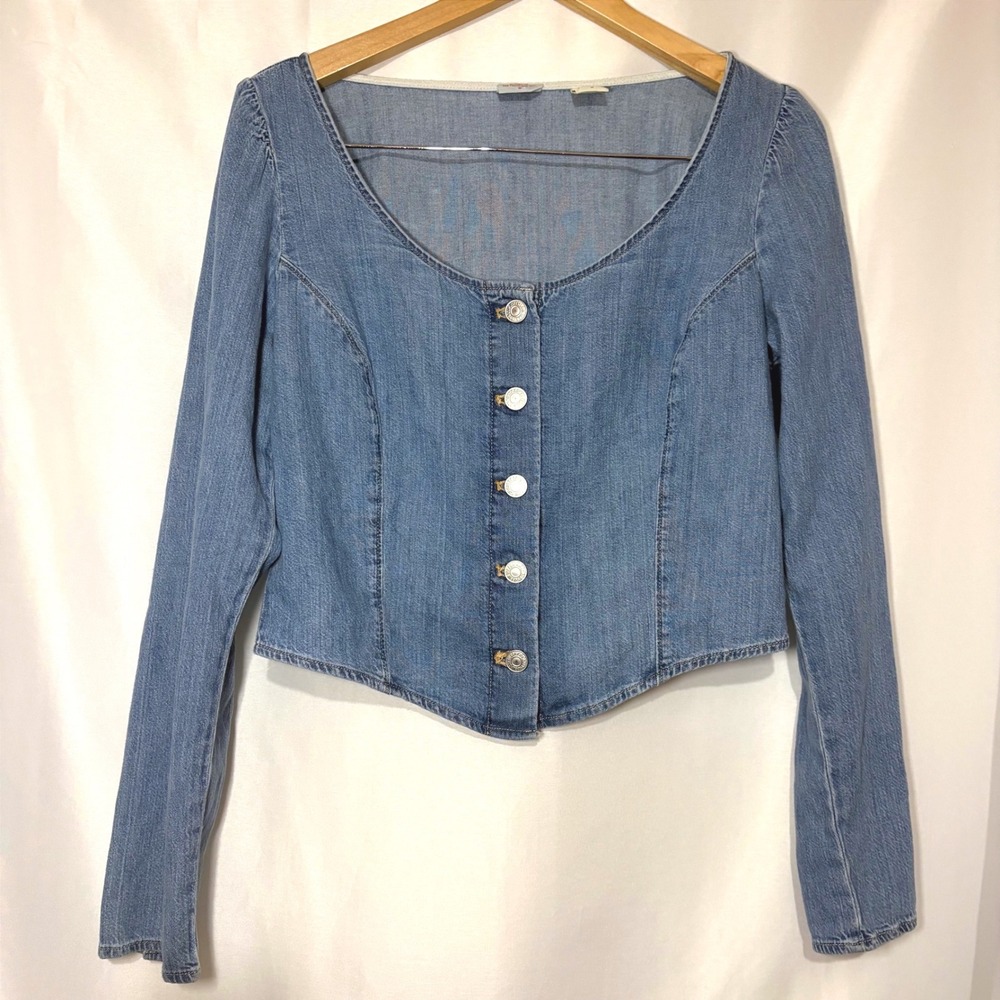 Levis Womens Medium Wash Denim Button Front Corset Style Long Sleeve Top Size M
